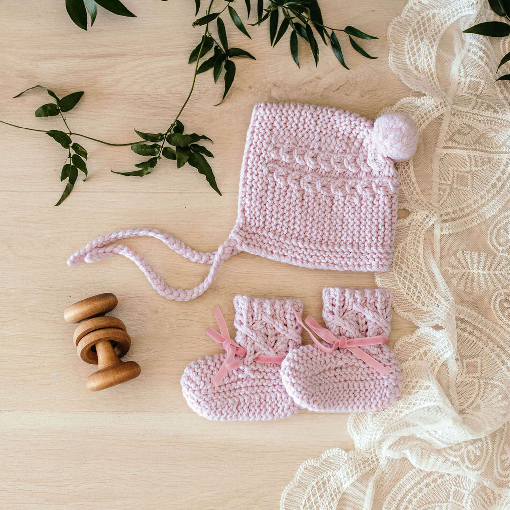 Pink Merino Wool Bonnet & Booties - Oh My Little Love